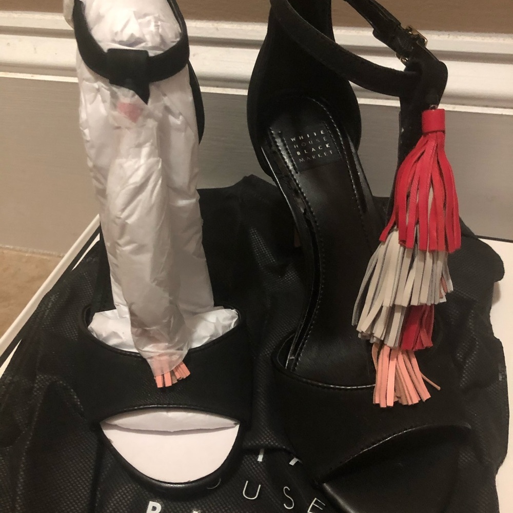 White House Black Market Black Heels with Red and Cream Tassels